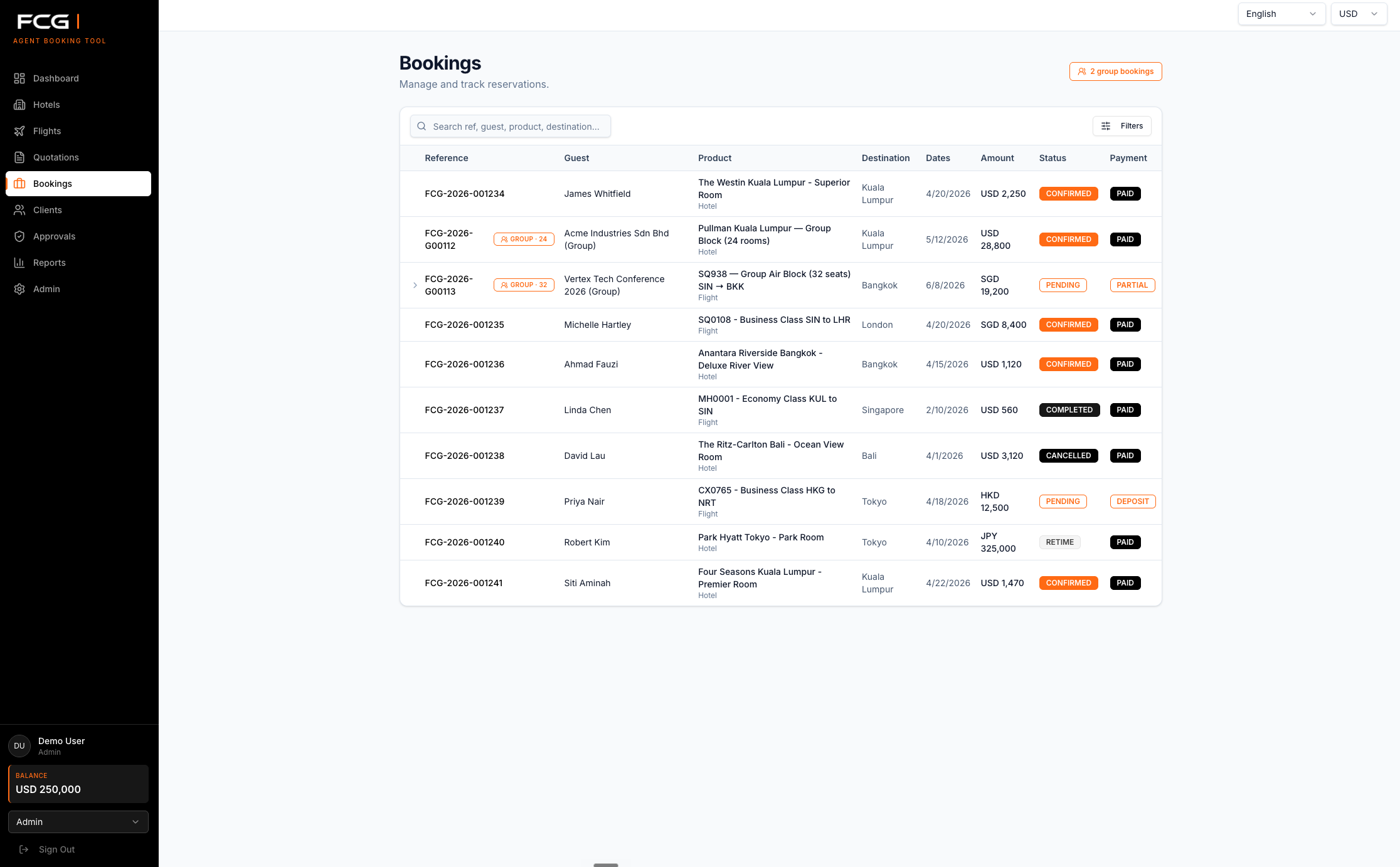 Agent Booking Tool bookings table with reservation references, guests, destinations, payment status, and group bookings