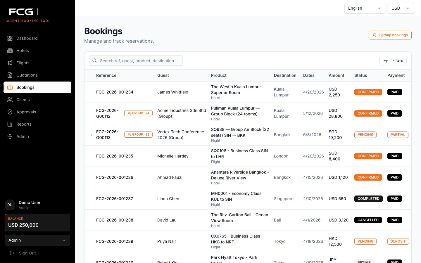 Agent Booking Tool bookings table showing references, guests, products, destinations, payment status, and group bookings