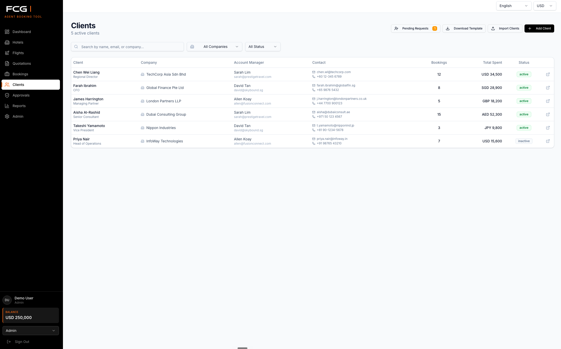 Agent Booking Tool clients table with account managers, contact details, bookings, spend, and client status