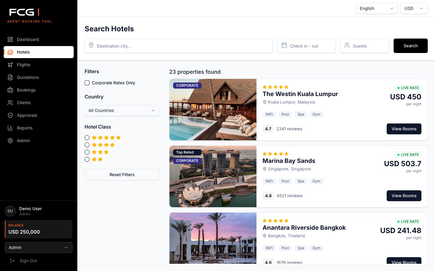 Agent Booking Tool hotel search showing live rates, corporate labels, property cards, and filters