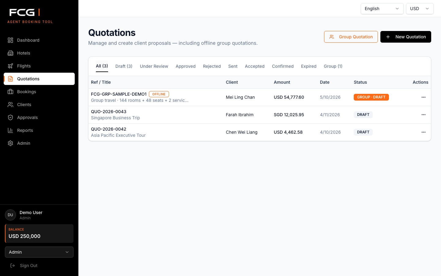 Agent Booking Tool quotations list showing group quotations, client proposals, amounts, statuses, and actions