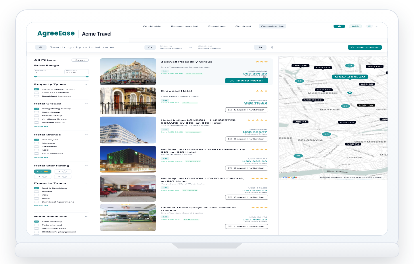 AgreeEase hotel search and invite interface preview