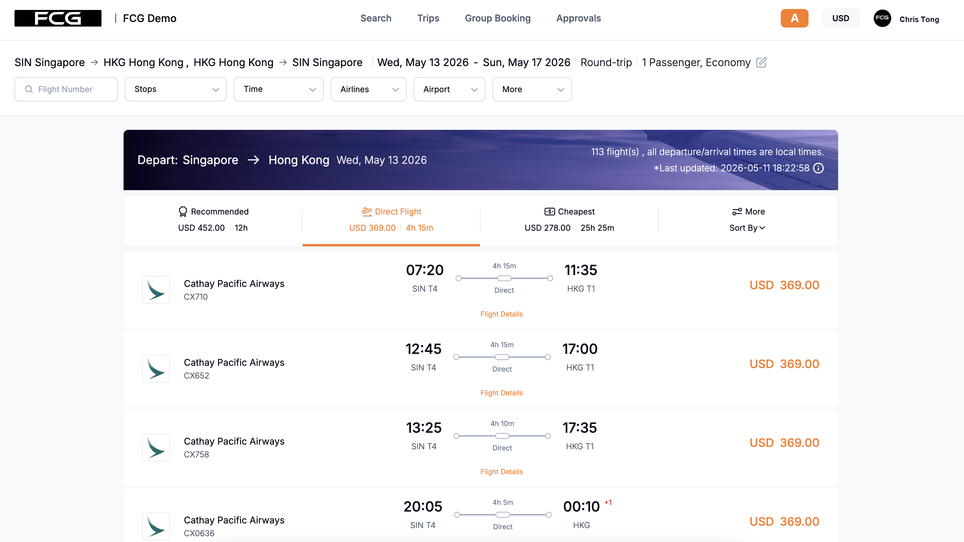 Corporate Booking Tool flight search results showing Singapore to Hong Kong options, filters, fare tabs, and direct flight pricing
