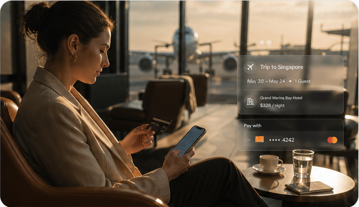 Travel payment card and booking confirmation overlay