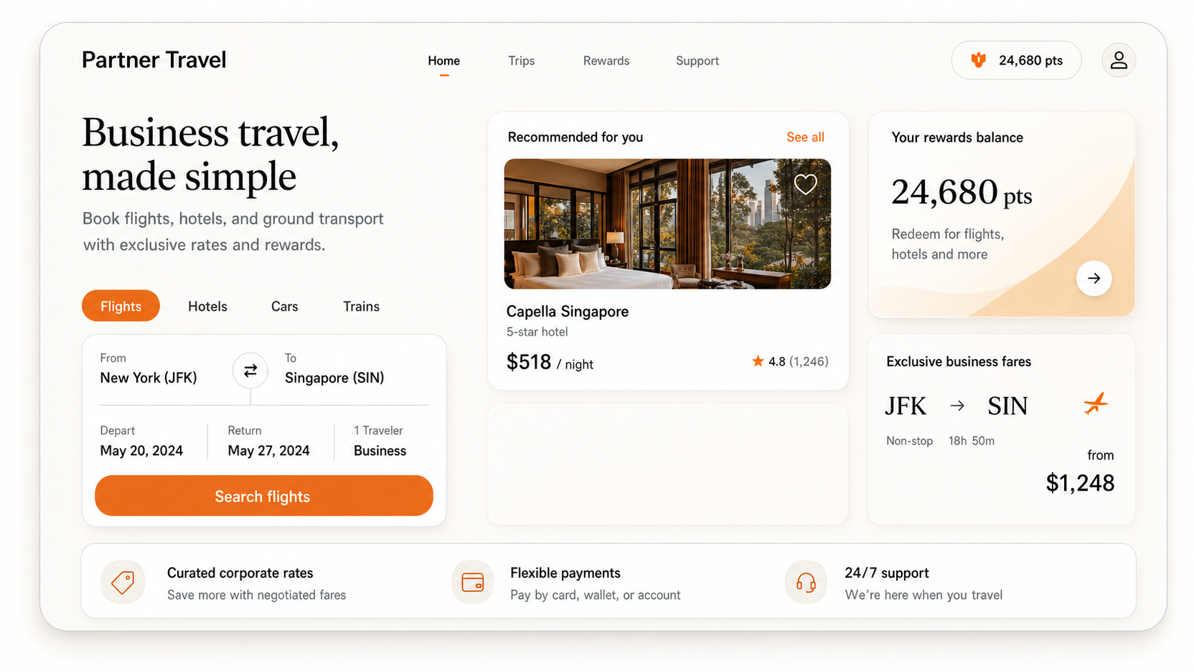 Partner-branded travel marketplace with flights, rewards, hotel, and payment options